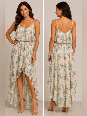 Disney Cinderella Floral Ruffle High-Low Maxi Dress - Cream with Blue Floral